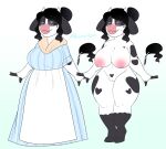  absurd_res anthro apron areola big_breasts black_body black_fur black_hair black_spots blue_background blue_clothing blue_dress bovid bovine breasts cattle clothed clothing dipstick_legs dress eyelashes eyes_closed eyewear female fur genitals glasses hair heart_(marking) heart_pubes hi_res hooves horn huge_breasts mammal mature_female navel nipples nude off/on paeonypetals pink_areola pink_nipples pubes pussy round_glasses simple_background smile solo spots tail tail_tuft thick_thighs tuft white_background white_body white_fur wide_hips 