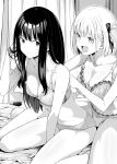  +_+ 2girls :d adjusting_hair between_legs breasts chicke_iii cleavage collarbone commentary greyscale hair_ribbon hand_between_legs highres indoors inoue_takina large_breasts long_hair looking_back lycoris_recoil medium_breasts monochrome multiple_girls nishikigi_chisato on_bed ribbon short_hair sitting smile sweatdrop symbol-only_commentary underwear underwear_only wariza 