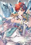  1boy absurdres alternate_costume armor ass belt binding_blade_(weapon) blue_eyes crystal fingerless_gloves fire_emblem fire_emblem:_the_binding_blade gloves headband highres holding holding_sword holding_weapon pants red_hair roy_(fire_emblem) short_hair shoulder_armor solo sword weapon white_pants yuki_(yuki2061) 