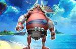  3d_(artwork) beach belly big_belly blonde_hair bone clothing demon digital_media_(artwork) hair hat headgear headwear hi_res horn humanoid island long_hair macro male muscular oars_(one_piece) one_piece red_body sam1377 sea seaside skull skull_and_crossbones solo straw_hat tusks undead water zombie 