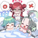  3girls :3 alternate_costume alternate_hairstyle antenna_hair bangs_pinned_back bare_shoulders bathing blue_archive blush breast_conscious breasts chibi commentary_request double_bun fang forehead green_hair hair_bun halo in_water large_breasts long_hair looking_at_another meru_(blue_archive) momiji_(blue_archive) multiple_girls naked_towel nose_blush o_(rakkasei) onsen parted_bangs parted_lips partially_submerged red_hair seiza shaded_face sidelocks simple_background single_side_bun sitting sleeveless spoken_o spoken_x steam takane_(blue_archive) thought_bubble towel white_towel yellow_eyes 