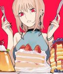  1girl absurdres blonde_hair cake chainsaw_man character_request check_character ear_piercing earrings fami_(chainsaw_man) food fork highres holding holding_fork holding_knife jewelry knife piercing pudding red_background red_eyes ringed_eyes sailen0 simple_background strawberry_cake teeth 