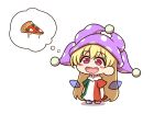  1girl blonde_hair blush_stickers chibi clownpiece commentary detached_wings drooling fairy_wings food hat highres italian_flag_print jester_cap long_hair neck_ruff open_mouth pizza pizza_slice polka_dot_headwear red_eyes shitacemayo smile solo thought_bubble touhou wings 