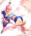  1girl blue_eyes breasts cleavage dougi fefeather fisheye hand_focus hands_up highres hime_cut hip_vent manon_(street_fighter) martial_arts_belt pink_hair skin_tight spandex street_fighter street_fighter_6 wristband 