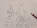  absurd_res anthro assault_rifle canid canine clothing duo graphite_(artwork) gun hi_res holding_object holding_weapon looking_at_another male mammal military_uniform pencil_(artwork) ranged_weapon rifle simple_background sniper_rifle soldier svd traditional_media_(artwork) uniform warrior weapon wolfyalex96 
