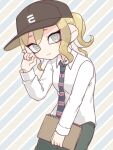  1girl baseball_cap blonde_hair brown_headwear closed_mouth collar collared_shirt commentary cowboy_shot grey_eyes grey_necktie hat holding holding_notebook inkling inkling_girl inuowour long_necktie medium_hair necktie notebook red_necktie shirt simple_background solo splatoon_(series) symbol-only_commentary two-tone_necktie white_collar 