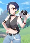  1girl armband belt black_belt blue_hair brown_eyes camera cloud commentary_request cowboy_shot day gomashiwo_o grass grey_vest grin hand_on_own_hip hand_up highres holding holding_camera nail_polish navel off-shoulder_shirt off_shoulder outdoors pants perrin_(pokemon) pokemon pokemon_(game) pokemon_sv shirt short_hair sky smile solo teeth tree vest white_shirt 