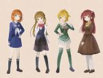  4girls ;d aged_down black_socks blonde_hair blue_eyes blue_serafuku blue_skirt blue_vest blunt_bangs bow bowtie brown_coat brown_eyes brown_hair clenched_hand coat colored_eyelashes commentary_request eva_beatrice eyes_visible_through_hair full_body ghkdakrh1129 green_shirt green_thighhighs hair_bobbles hair_ornament hand_on_own_hip head_tilt highres holding_own_arm kneehighs korean_commentary light_blush light_brown_background loafers long_hair looking_at_viewer miniskirt multiple_girls neckerchief one_eye_closed orange_hair outline pantyhose patch plaid plaid_skirt pleated_skirt red_bow red_bowtie red_hair red_ribbon ribbon sailor_collar school_uniform serafuku shirt shoes short_hair sidelocks skirt sleeve_cuffs smile socks standing sweatdrop thighhighs twintails two_side_up umineko_no_naku_koro_ni ushiromiya_ange ushiromiya_jessica ushiromiya_rosa vest white_neckerchief white_outline white_pantyhose white_shirt white_skirt yellow_bow yellow_bowtie zettai_ryouiki 