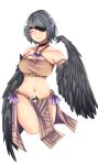  1girl antonina_(corruption_of_champions) artist_request bare_shoulders black_feathers black_hair black_wings blush breasts claws closed_eyes collarbone corruption_of_champions_2 eyepatch feathers groin hands_on_own_hips harpy medium_breasts midriff monster_girl navel official_art one_eye_covered short_hair smile solo transparent_background winged_arms wings 