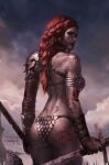  1girl absurdres armor bikini_armor blood blood_on_face blood_on_weapon braid dual_wielding facing_away green_eyes grey_sky highres holding holding_sword holding_weapon jee-hyung_lee long_hair looking_back outdoors red_hair red_sonja red_sonja_(comics) signature sword weapon 