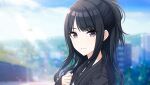  1girl black_hair black_sweater blue_sky blurry blurry_background bokeh clenched_hand closed_mouth depth_of_field eyelashes game_cg half_updo hand_on_own_chest idolmaster idolmaster_shiny_colors kazano_hiori light_smile long_hair looking_at_viewer looking_back mole mole_under_mouth official_art outdoors purple_eyes shirt sidelocks sky smile solo sparkle sweater upper_body 