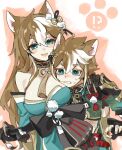  !? 1boy 1girl animal_ears aqua_dress aqua_eyes arm_around_shoulder bare_shoulders black_gloves breasts crop_top detached_sleeves dog_boy dog_ears dog_girl dress fingerless_gloves genderswap genderswap_(mtf) genshin_impact gloves gorou_(genshin_impact) hair_between_eyes hand_on_another&#039;s_shoulder highres hina_(genshin_impact) igote japanese_clothes large_breasts long_hair multicolored_hair orange_hair parted_lips smile streaked_hair sweatdrop talesofmea upper_body white_hair 