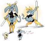  2023 absurd_res anthro antlers armor blue_eyes bottomless bottomless_female bovid breasts butt caprine clothed clothing cloudidoodles dialogue digital_media_(artwork) english_text female fur goat grey_body grey_fur group hi_res horn humanoid jackalope lagomorph large_weapon long_ears long_tail male mammal mantle pseudoregalia small_breasts sybil_(pseudoregalia) tail text weapon wide_hips 