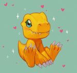  agumon agumon_(artist) claws closed_mouth colored_skin commentary digimon digimon_(creature) dragon english_commentary fangs full_body green_background green_eyes heart highres light_smile looking_at_viewer monster on_floor orange_skin simple_background sitting solo sparkle 