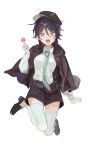  1girl :d absurdres aqua_necktie black_footwear black_hair black_headwear black_jacket black_shorts breasts bungou_stray_dogs candy collared_shirt commentary_request edogawa_ranpo_(bungou_stray_dogs) fang food full_body genderswap genderswap_(mtf) green_eyes highres holding holding_candy holding_food holding_lollipop jacket jumping kitou_saji lollipop long_hair long_sleeves looking_at_viewer medium_breasts necktie open_clothes open_jacket open_mouth shirt shirt_tucked_in shorts simple_background smile solo straight-on thighhighs white_background white_shirt white_thighhighs 