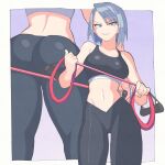  1girl ace_attorney ass back blue_hair breasts crop_top franziska_von_karma grin highres holding holding_whip inkerton-kun large_breasts light_blue_hair looking_at_viewer midriff mole mole_under_eye navel phoenix_wright:_ace_attorney_-_justice_for_all smile solo stomach whip 