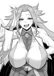  1girl breasts fang greyscale jacket jun&#039;you_(kancolle) kantai_collection large_breasts long_hair long_sleeves looking_at_viewer magatama monochrome open_mouth parted_bangs smile spiked_hair umauma_(trggercross) wide_sleeves 