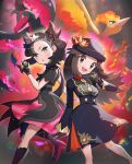  2girls :d :o absurdres black_dress black_gloves black_hair black_nails boots breasts brown_eyes brown_hair commentary_request dress dusk_ball fingerless_gloves fire galarian_moltres gloves gonzarez green_eyes hat hat_ornament highres leaf_(champion)_(pokemon) long_hair looking_at_viewer marnie_(champion)_(pokemon) marnie_(pokemon) moltres multiple_girls official_alternate_costume poke_ball pokemon pokemon_(creature) pokemon_(game) pokemon_masters_ex smile tiara twintails 