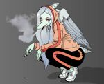  2023 amber_eyes anthro cigarette clothing crouching digital_drawing_(artwork) digital_media_(artwork) dinosaur eyelashes eyeliner fang_(gvh) feathered_wings feathers female fingers footwear goodbye_volcano_high grey_body grey_hair grey_scales hair hoodie leggings legwear long_hair looking_at_viewer makeup open_mouth pterodactylus pterosaur reptile scales scalie shoes simple_background smoking sneakers snoot_game_(fan_game) snout solo topwear unknown_artist wings 