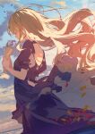  1girl black_dress blonde_hair bouquet closed_eyes cloud cloudy_sky dress dutch_angle falling_petals floating_hair from_side highres holding holding_bouquet ocean original petals puffy_short_sleeves puffy_sleeves short_sleeves sky solo sutorora 