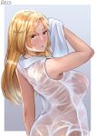  1girl blonde_hair breasts collared_shirt grey_eyes highres holding holding_towel hornet_(kancolle) kantai_collection large_breasts long_hair no_bra shiromaru_(maniado) shirt sleeveless sleeveless_shirt solo towel upper_body wasp wet wet_clothes white_shirt 