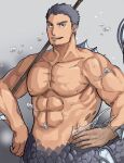  1boy abs bara carrying_over_shoulder completely_nude highres holding holding_weapon itaru_(kidomh63) large_pectorals looking_at_viewer male_focus mature_male merman monster_boy muscular muscular_male nether_merman_(housamo) nipples nude over_shoulder pectorals polearm short_hair sideburns solo stomach thick_eyebrows tokyo_afterschool_summoners weapon weapon_over_shoulder 