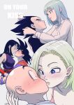  3boys 3girls absurdres android_18 bald black_hair blonde_hair blue_eyes blue_hair breasts bulma chi-chi_(dragon_ball) chinese_clothes cleavage commentary dougi dragon_ball dragon_ball_z earrings green_nails hair_down hetero highres husband_and_wife imminent_kiss jewelry kuririn medium_breasts multiple_boys multiple_girls pink_lips pink_mousse puckered_lips son_goku sweat symbol-only_commentary vegeta 