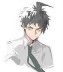  1boy ahoge binxngchng1 brown_eyes brown_hair closed_mouth cropped_torso danganronpa_(series) danganronpa_2:_goodbye_despair grey_shirt hinata_hajime looking_at_viewer shirt short_hair simple_background smile solo white_background 