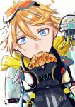 1boy absurdres alostcable blonde_hair blue_eyes croissant food food_in_mouth goggles goggles_on_head hair_between_eyes headphones headphones_around_neck highres hood hood_down looking_at_viewer male_focus nijisanji nijisanji_en short_hair simple_background solo upper_body virtual_youtuber white_background yu_q._wilson 