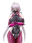  1girl airem0213 alternate_costume bare_shoulders black_gloves black_mask black_ribbon breasts clothing_cutout collar cowboy_shot crossed_arms gloves grey_hair hair_between_eyes hair_ribbon highres kosetsu_(shinobi_no_ittoki) large_breasts long_hair looking_at_viewer low_twintails multicolored_hair ninja red_eyes red_hair ribbon shinobi_no_ittoki side_cutout solo streaked_hair taimanin_suit thigh_gap twintails 