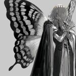  1boy absurdres arthropod_boy au_(d_elite) blue_eyes butterfly_wings cape crazy_smile crown diamond_(shape) diamond_hairband fate/grand_order fate_(series) greyscale grin hair_between_eyes hairband hand_on_own_face hand_to_own_mouth highres insect_wings long_sleeves male_focus monochrome oberon_(fate) open_mouth profile simple_background smile solo spot_color wings 