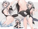  1girl absurdres animal_hood ass black_hair black_one-piece_swimsuit border braid breasts closed_eyes fang grey_background grey_hair hair_ornament hairpin highres hololive hood large_breasts long_hair looking_at_viewer multicolored_hair noor7 one-piece_swimsuit open_mouth orca_hood red_eyes sakamata_chloe sideboob single_braid streaked_hair swimsuit two-tone_one-piece_swimsuit virtual_youtuber waving white_border x_hair_ornament 