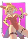  1girl :3 :d absurdres animal_ears bare_shoulders belt blonde_hair blush border bow bowtie breasts cat_ears cat_tail cleavage coattails commentary cowboy_shot elbow_gloves fangs fingernails gloves hair_between_eyes hand_on_own_hip hand_up highres kemono_friends leotard looking_at_viewer loose_bowtie medium_breasts open_mouth osnmykk playboy_bunny print_gloves purple_background red_leotard serval_(kemono_friends) serval_print sharp_fingernails short_hair simple_background slit_pupils smile solo standing strapless strapless_leotard striped_tail tail thigh_belt thigh_strap white_border yellow_bow yellow_bowtie yellow_eyes yellow_tail 