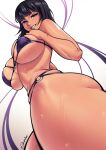  1girl artist_name bikini black_hair blue_eyes breasts dracksart from_below grin highres large_breasts looking_at_viewer medium_hair nico_robin o-ring one_piece simple_background smile solo swimsuit tan wet white_background 
