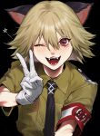  1girl animal_ears black_necktie blonde_hair brown_shirt cat_ears collared_shirt gloves hellsing looking_at_viewer necktie nirames9 one_eye_closed open_mouth red_eyes scribble_censor sharp_teeth shirt short_hair short_sleeves solo teeth upper_body v white_gloves 