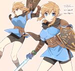  1girl black_shorts blonde_hair blue_eyes blue_shirt breasts champion&#039;s_tunic_(zelda) commentary_request cowboy_shot earrings genderswap genderswap_(mtf) highres holding holding_shield holding_sword holding_weapon jewelry large_breasts link looking_at_viewer master_sword multiple_views pointy_ears shield shirt shorts shoulder_plates sword the_legend_of_zelda the_legend_of_zelda:_tears_of_the_kingdom translation_request ttanuu. weapon 