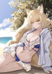  1girl animal_ears arm_support bikini blonde_hair blue_bikini breasts cleavage day fox_ears fox_tail highres jacket large_breasts long_sleeves multiple_tails open_clothes open_jacket outdoors sarasadou_dan short_hair solo swimsuit tail touhou white_jacket yakumo_ran yellow_eyes 