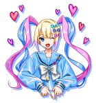  1girl ;d blonde_hair blue_bow blue_eyes blue_hair blue_shirt bow chouzetsusaikawa_tenshi-chan cropped_torso drop_shadow hair_bow hair_ornament heart heart_hair_ornament long_hair long_sleeves looking_at_viewer multicolored_hair needy_girl_overdose one_eye_closed open_mouth pink_bow pink_hair pixel_art purple_bow quad_tails sailor_collar sgawarananto shirt smile solo twintails very_long_hair white_background white_bow 
