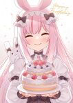  1girl ^_^ animal_ears black_bow bow breasts cake closed_eyes closed_mouth confetti facing_viewer food fruit gradient_background grey_background happy_birthday hitsuki_rei holding holding_plate indie_virtual_youtuber layered_sleeves long_hair long_sleeves medium_breasts nica_wolper pink_hair plate puffy_long_sleeves puffy_short_sleeves puffy_sleeves rabbit_ears shirt short_over_long_sleeves short_sleeves sidelocks solo strawberry teeth upper_body upper_teeth_only very_long_hair virtual_youtuber white_background white_shirt 