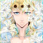  1boy blonde_hair blue_eyes chromatic_aberration cleavage_cutout clothing_cutout giorno_giovanna highres jojo_no_kimyou_na_bouken male_focus mikan03260 pectoral_cleavage pectorals portrait solo symmetry vento_aureo wing_collar 