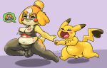  accessory animal_crossing annoyed anthro areola breasts bulge canid canine cleft_tail clothing cosplay cosplay_pikachu_(costume) crossgender crossover crossover_cosplay duo female floppy_ears frumples generation_1_pokemon genitals gynomorph hair_accessory intersex isabelle_(animal_crossing) mammal mask navel nintendo nipples nude pictographics pikachu pikachu_libre pokemon pokemon_(species) pussy running simple_background smile speech_bubble yellow_body 