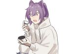  1girl commentary cone_hair_bun food genshin_impact hair_bun highres holding holding_food hood hoodie keqing_(genshin_impact) long_hair long_sleeves looking_at_food open_mouth oreo purple_eyes purple_hair sidelocks simple_background solo surprised tomseachi twitter_username white_background white_hoodie 