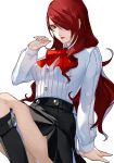  1girl absurdres black_footwear breasts feet_out_of_frame hair_over_one_eye highres kirijou_mitsuru lipstick long_hair looking_at_viewer makeup medium_breasts neck_ribbon persona persona_3 pertex_777 red_eyes red_hair red_lips red_ribbon ribbed_shirt ribbon shirt sitting skirt smile solo white_background white_shirt 