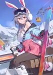  1girl absurdres animal_ears bilibili_xiaolu black_gloves breasts brown_pantyhose crowd cup day earmuffs fake_animal_ears feet_out_of_frame from_side gloves goggles goggles_on_head grey_hair grin highres holding holding_cup holding_snowboard jacket large_breasts long_hair looking_to_the_side mountain multicolored_clothes multicolored_jacket open_clothes open_jacket original outdoors pantyhose partially_unzipped rabbit_ears red_eyes sitting smile snow solo_focus two-tone_jacket 