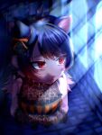  1girl animal_ears australian_devil_(kemono_friends) black_hair elbow_gloves extra_ears gloves gothic_lolita halloween halloween_bucket highres kemono_friends kemono_friends_3 light_rays lolita_fashion long_hair multicolored_hair red_eyes saba_ru solo tasmanian_devil_ears tasmanian_devil_tail window 