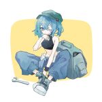  1girl ;) alternate_costume black_tank_top blue_eyes blue_hair blue_pants closed_mouth commentary_request flat_cap full_body green_headwear hair_bobbles hair_ornament hat highres kawashiro_nitori looking_at_viewer navel one_eye_closed pants sabatuki short_hair smile solo tank_top touhou two_side_up wrench yellow_background 