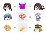  3girls akemi_homura akuma_homura alina_gray black_hair black_hairband black_headwear black_wings blank_eyes blue_eyes blue_hair braid closed_eyes commentary_request emoji emoji_kitchen_(meme) equal_sign equation fly_agaric fusion gilcrows glasses green_hair hair_ornament hairband hat long_hair magia_record:_mahou_shoujo_madoka_magica_gaiden mahou_shoujo_madoka_magica meme miki_sayaka multicolored_hair multiple_girls mushroom official_alternate_costume open_mouth palette_(object) peaked_cap plus_sign purple_eyes red-framed_eyewear red_hairband short_hair smile streaked_hair surprised twin_braids v-shaped_eyebrows wings 