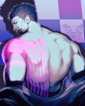  1boy arm_tattoo back back_focus back_tattoo bara bare_back charlotte_katakuri from_behind highres looking_at_viewer looking_back male_focus mature_male mewiyev muscular muscular_male one_piece open_clothes purple_theme short_hair solo stitches tattoo undressing upper_body 