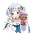  1girl :d absurdres artist_name blue_eyes blue_hair blue_hoodie blue_nails blunt_bangs blush collarbone commentary cup drinking_straw english_commentary english_text fingernails gawr_gura grimace_shake_(meme) hair_ornament hands_up highres holding holding_cup hololive hololive_english hood hood_down hoodie logo long_hair long_sleeves looking_at_viewer mcdonald&#039;s meme multicolored_hair nail_polish okayjennie open_mouth outstretched_arm sharp_teeth signature simple_background sleeves_past_wrists smile solo streaked_hair teeth two-tone_hair two_side_up upper_body upper_teeth_only v virtual_youtuber white_background white_hair wide_sleeves 