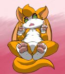  3_toes 4_fingers absurd_res anthro dust:_an_elysian_tail fangs featureless_crotch feet female fidget_(elysian_tail) fingers fur hair hi_res lying on_back open_mouth orange_body orange_fur orange_hair pawpads solo tail teeth toes vono wings worried 
